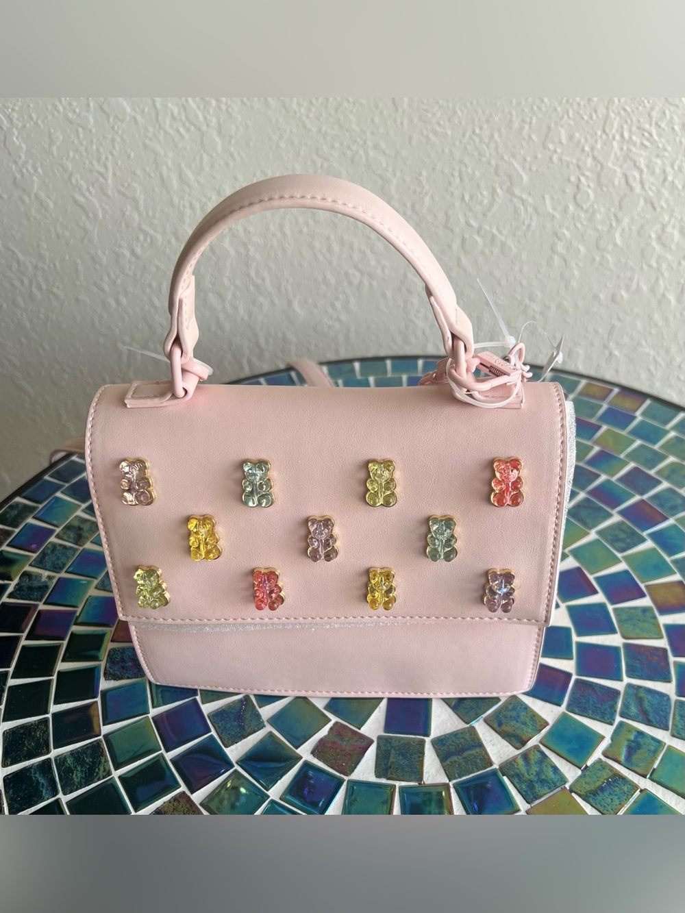 Betsey Johnson Pink Crossbody Top-Handle Bag with Multicolor Gummy Bear Charms